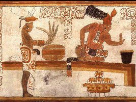 Vægmaleri, hvor kakao indgår i en rituel ceremoni.